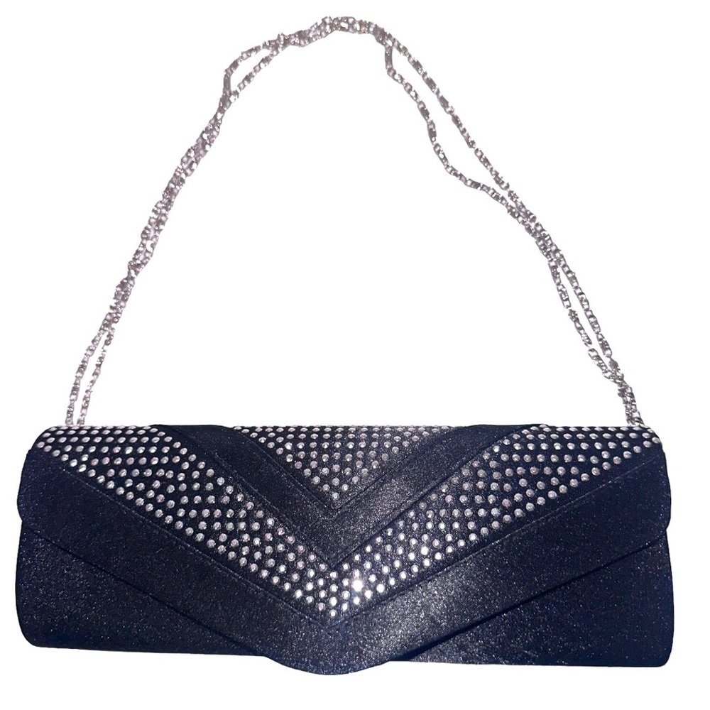 BLACK Satin Rhinestone Encrusted Clutch Bag - Picture 16 of 16